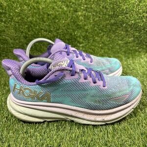 HOKA Clifton 9 Running Shoes Womens Size 8.5 Teal Purple Cushioned No Insoles